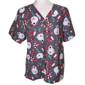 Women’s Gray Christmas Scrub Top Snowmen Candy Cane Stocking Holly Ornament Sz M